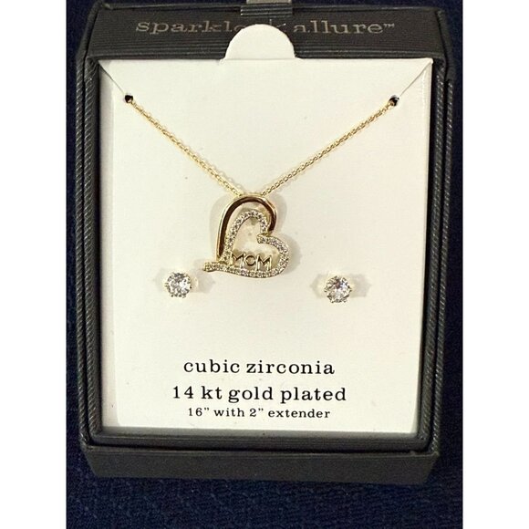 Sparkle Allure 14 kt gold plated Necklace & Earring Set Heart Mom Gift Boxed $60 - Picture 1 of 4
